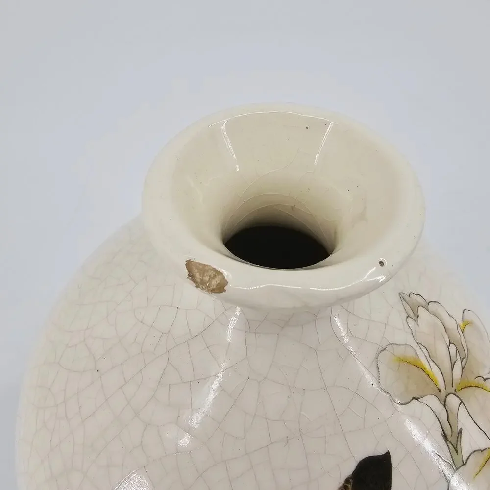 Vintage Japanese Crackle Craze Pottery Vase Butterfly Floral White 7” Tall